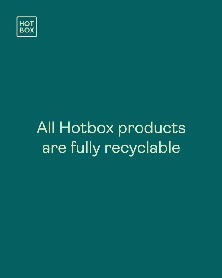 Texte indiquant que tous les produits Hotbox sont entièrement recyclables sur un fond vert foncé avec le logo Hotbox en haut à gauche.