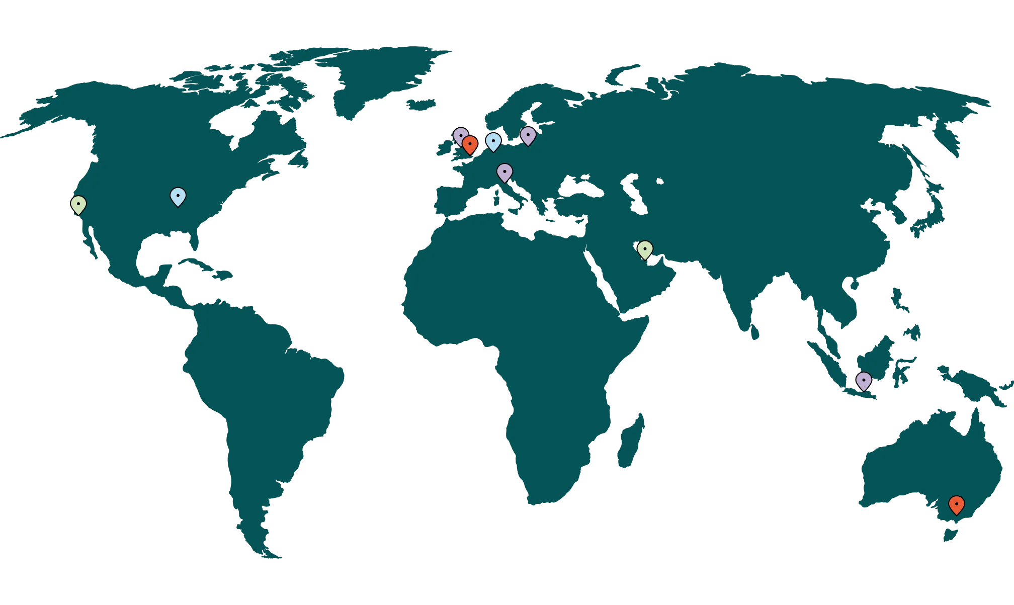 World map with colored location markers scattered across North America, Europe, Asia, Australia, and the Middle East.