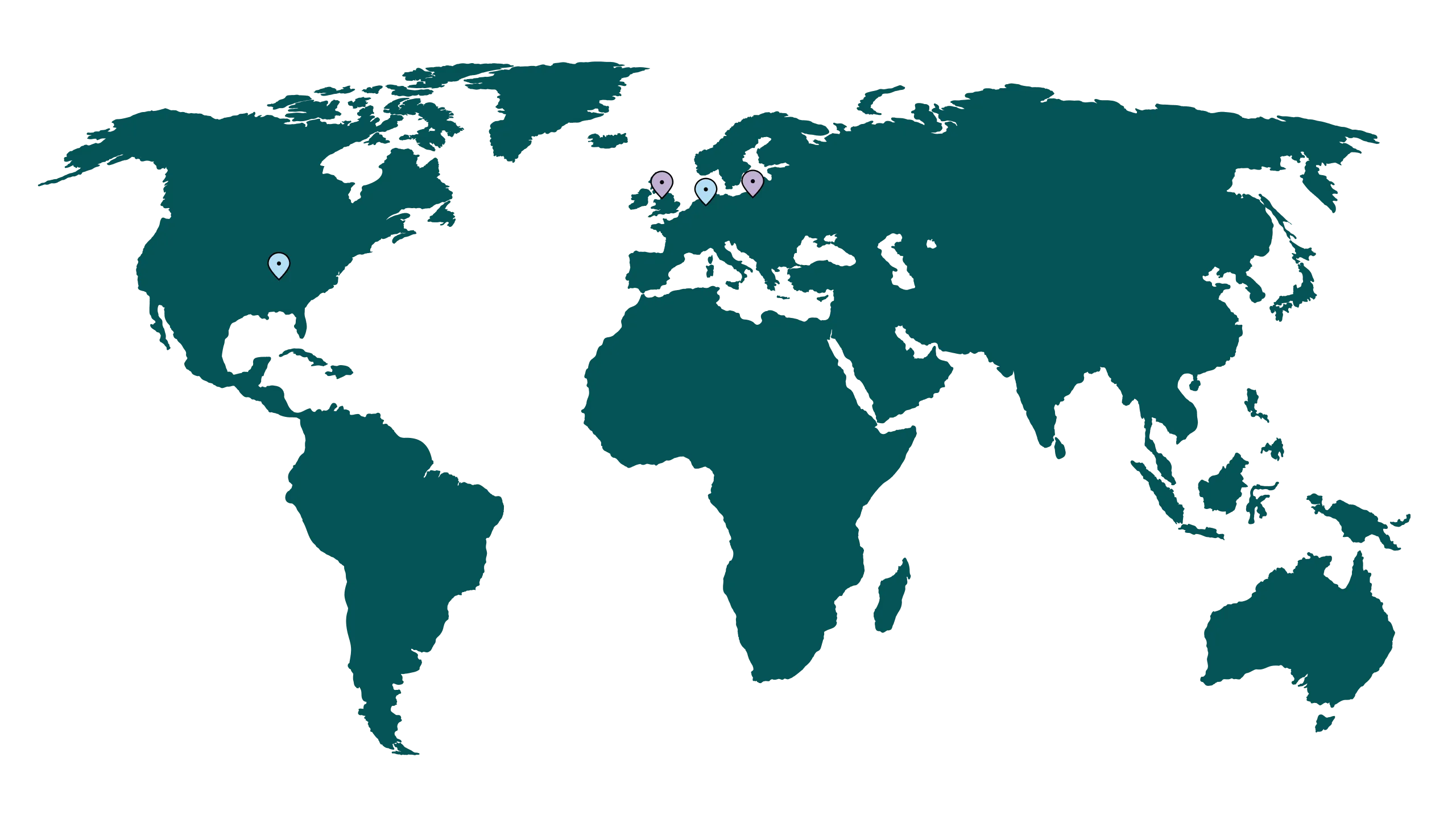 World map with four location markers showing Hotbox locations in the United States, United Kingdom, Denmark, and Sweden.