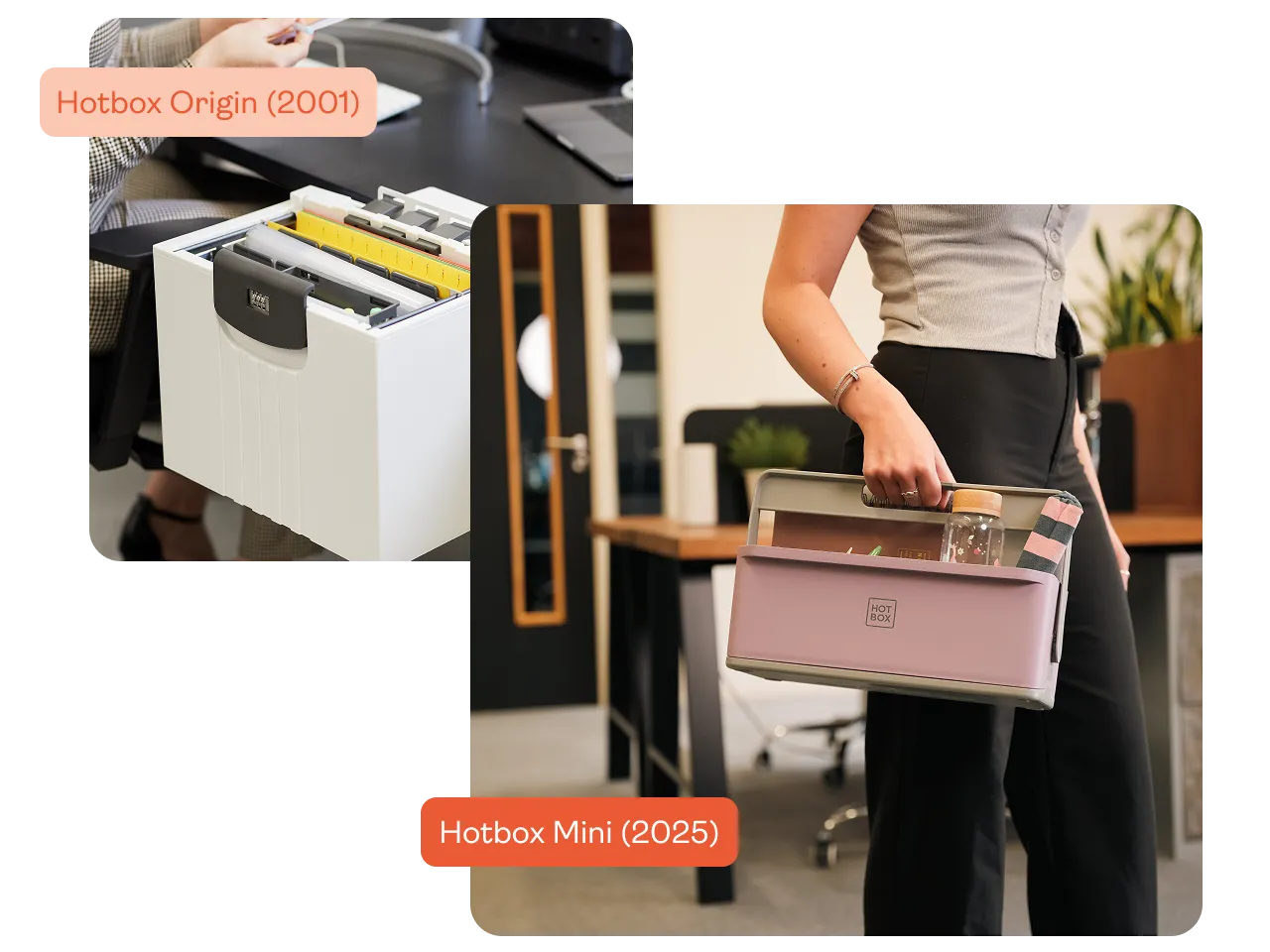 Side-by-side images showing the original Hotbox caddy from 2001 and a person carrying the modern compact Hotbox Mini from 2025 filled with office items.