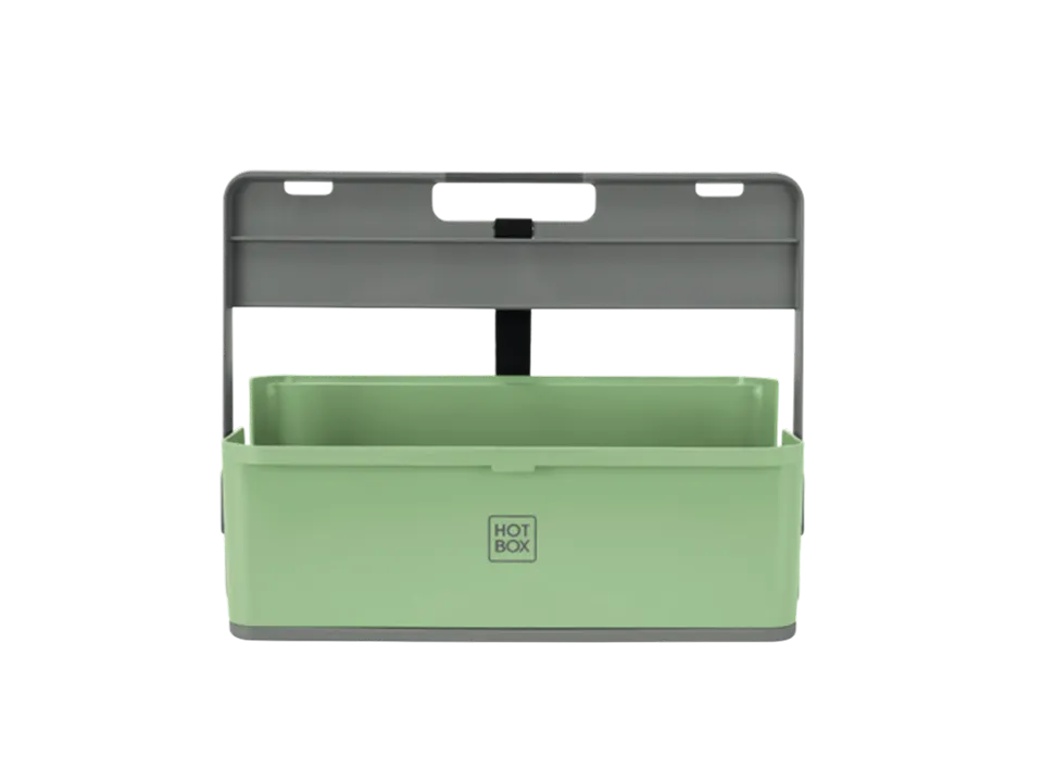 Green and grey Hotbox storage container with a handle and an open top compartment.