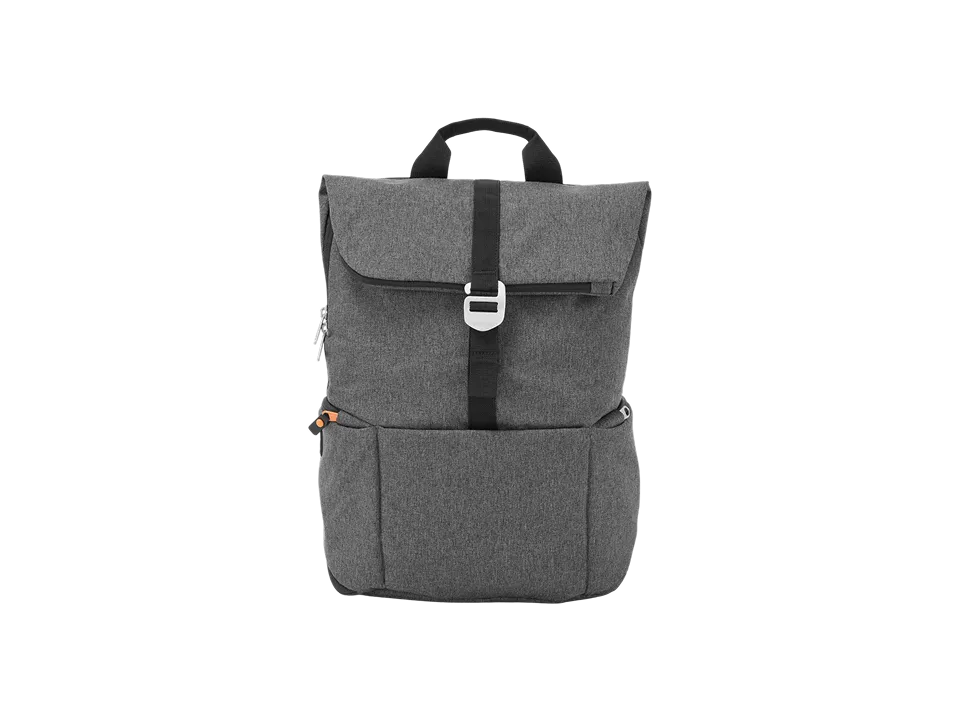 Grey fabric shuttle backpack with a front flap secured by a black strap and silver buckle, and side zippers.