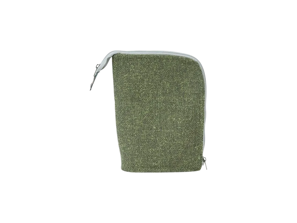 Small rectangular green fabric pouch with a white zipper along the top and right edges.
