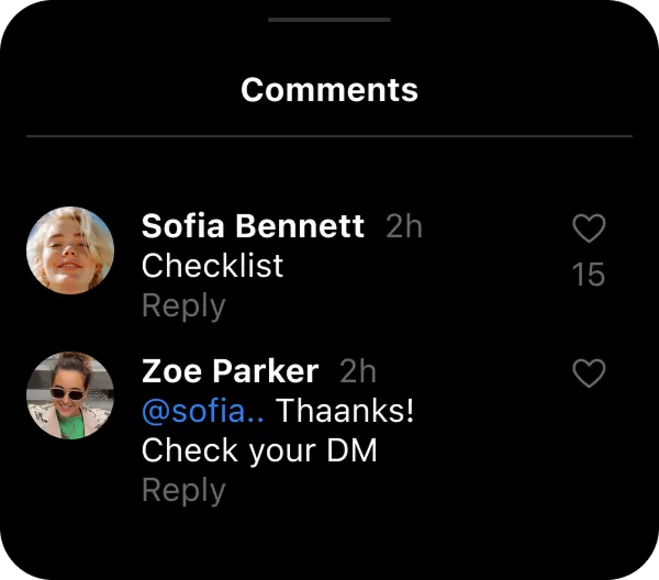 Screenshot of two Instagram comments: Sofia Bennett says Checklist, Zoe Parker replies thanks and check your DM.