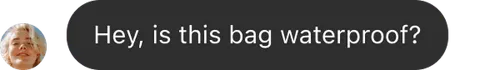 Text message saying, 'Hey, is this bag waterproof?' with a small profile photo of a person.