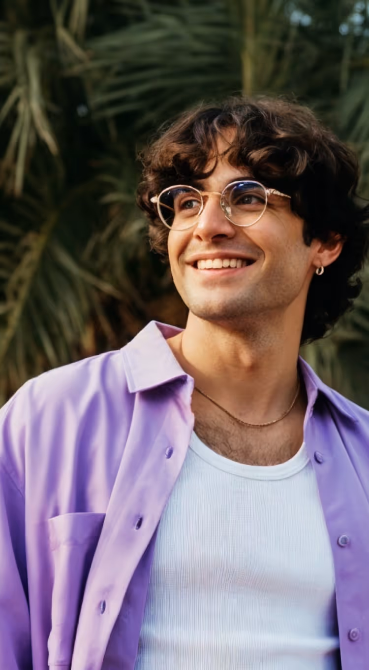 Smiling young man with curly hair wearing glasses, a purple shirt over a white tank top, standing in front of green palm leaves.