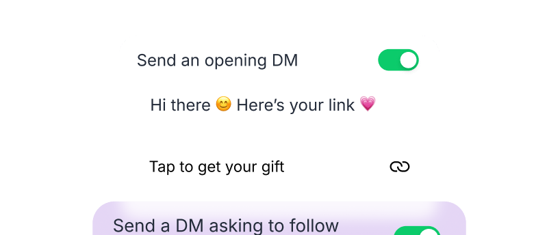 Message prompt saying 'Send an opening DM' with smile emoji and heart, plus 'Tap to get your gift' link icon.