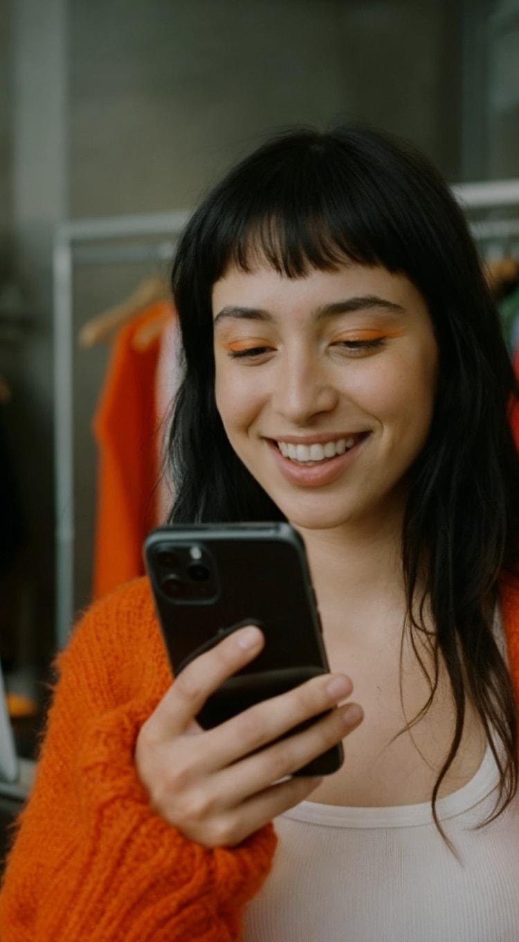 Smiling woman with black hair and orange eyeshadow looking at a smartphone in an orange sweater.