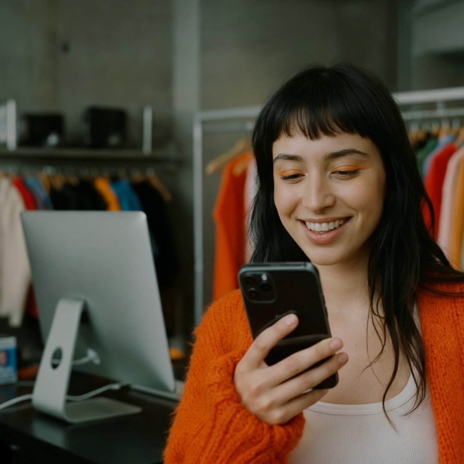 Smiling young woman in orange sweater looking at smartphone in a room with clothes and computer.