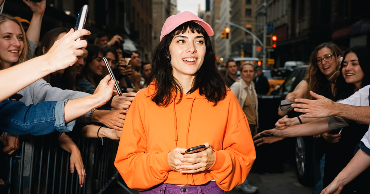 Smiling woman in an orange hoodie and pink cap holding a phone while fans reach out and take photos in a city street.
