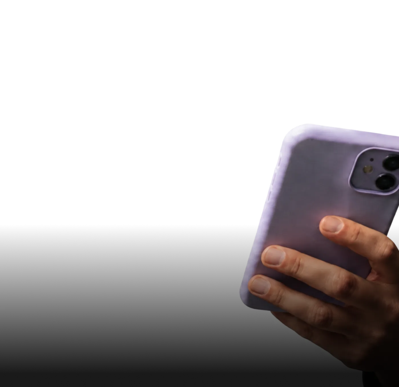 Hand holding a smartphone with a light purple case against black background.