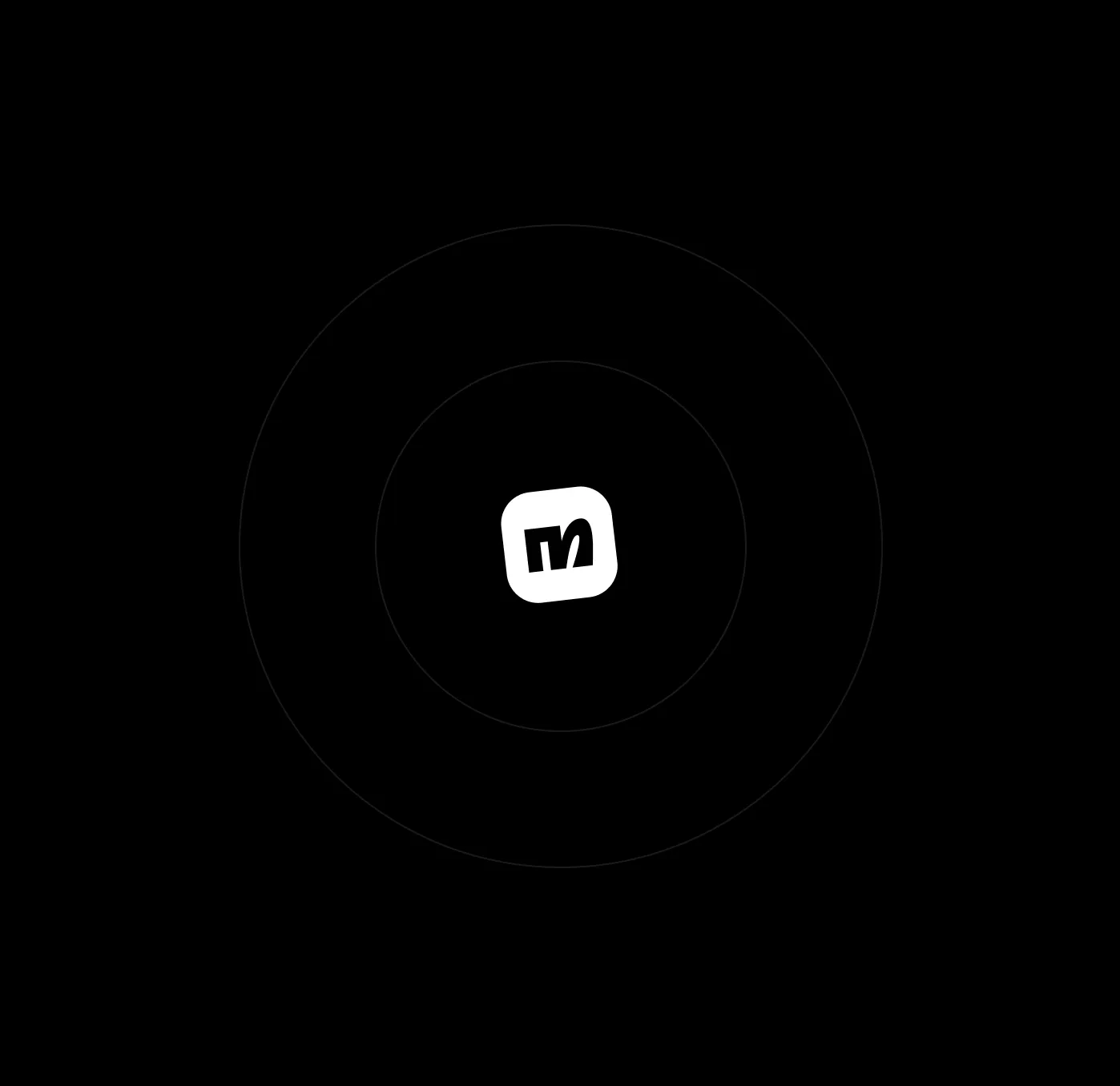 White stylized letter 'm' inside a rotated rounded square on a black background with faint concentric circles.