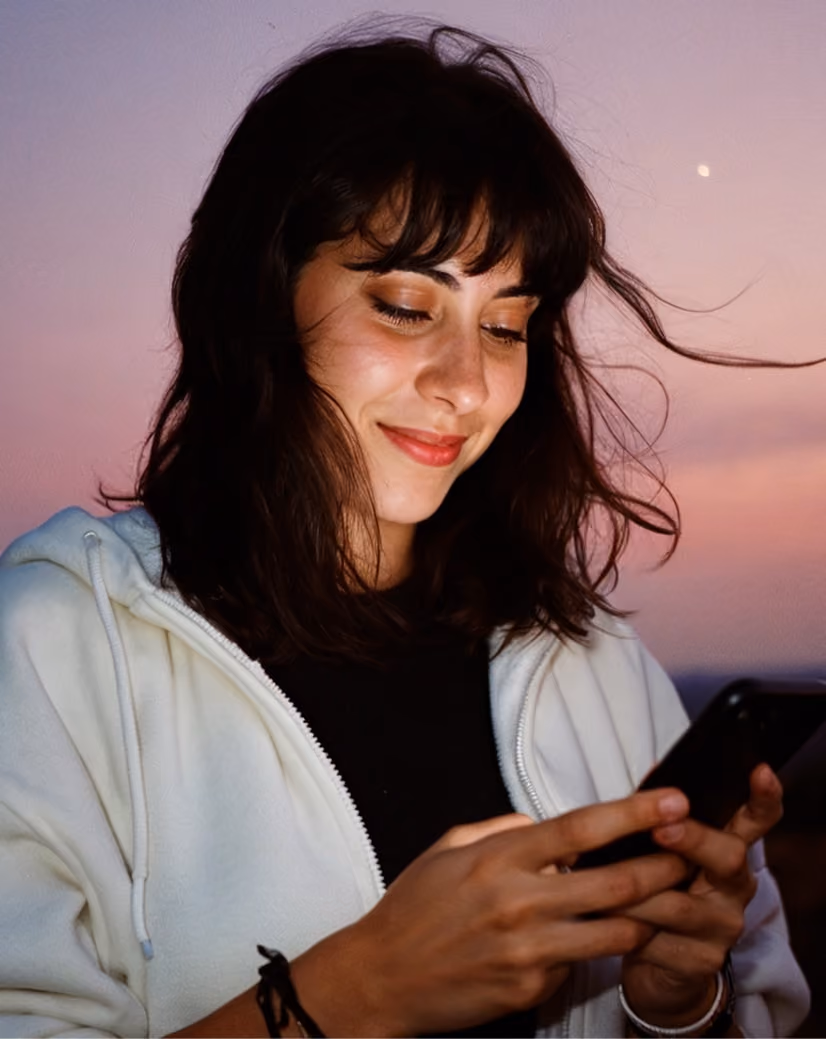 Young woman smiling happily while looking at her phone against a twilight sky.
