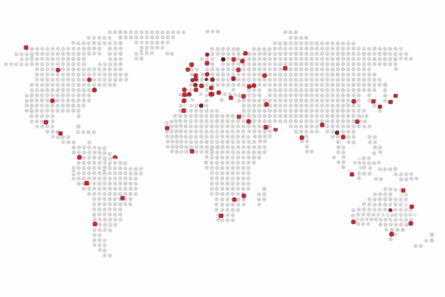 Landkarte mit Punkten, die Schwerpunktländer für das interkulturelle Traininng bei ROSE College zeigt. 