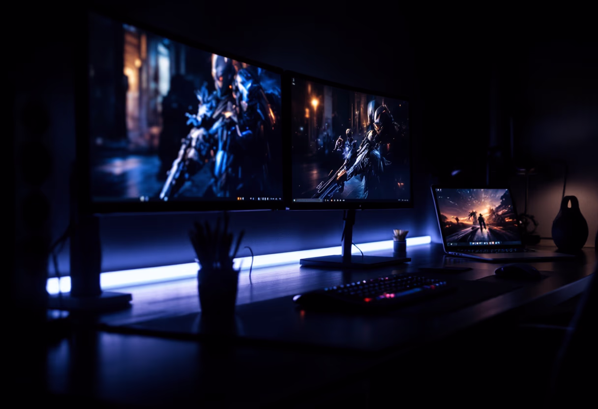 image of desk setup with computer (for a game development company)