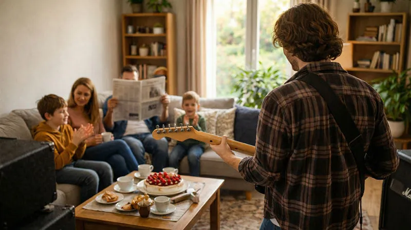 Ein junger Mann spielt Gitarre, während eine Familie mit zwei Kindern auf einem Sofa sitzt und ihm applaudiert.