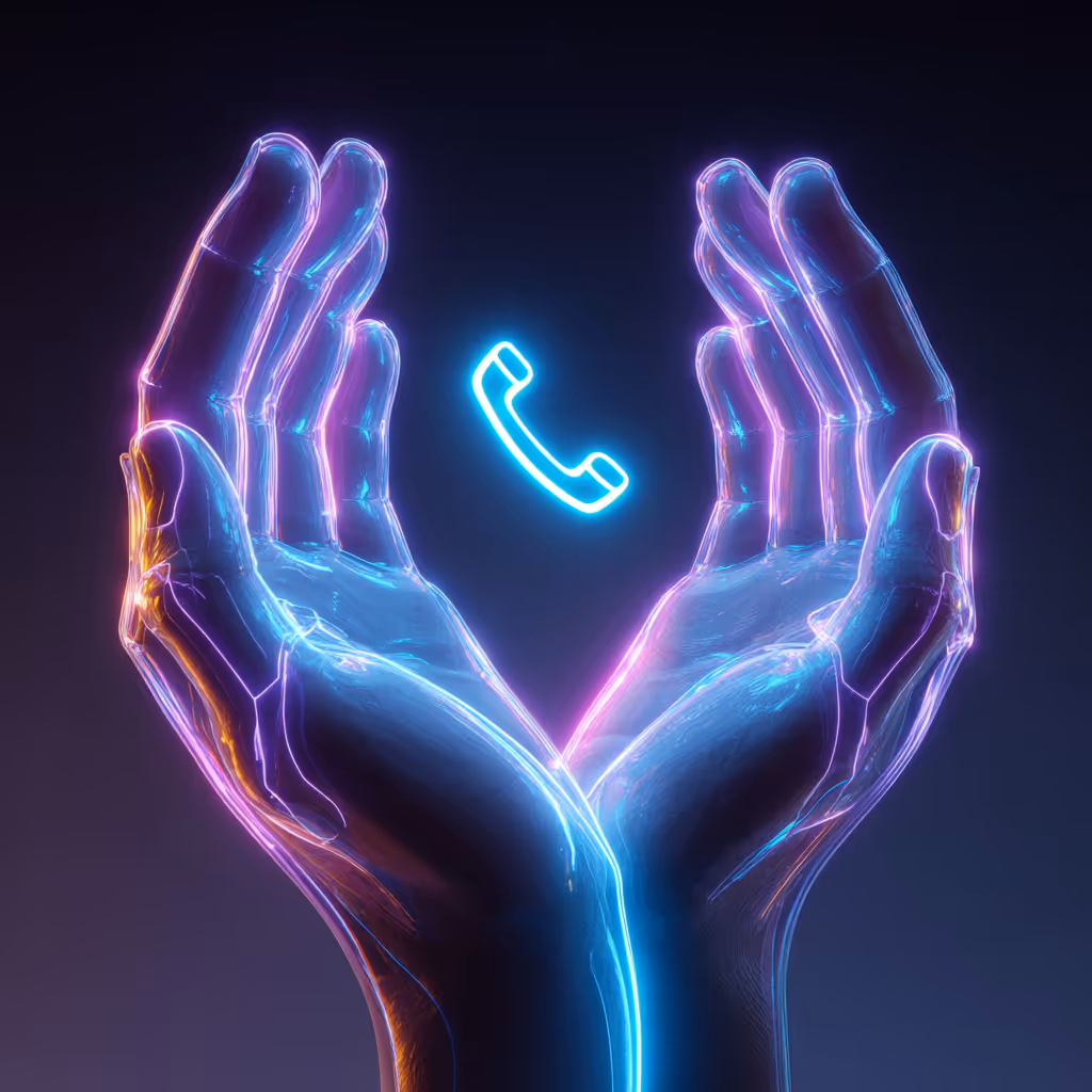 Das Bild zeigt symbolhaft zwei Hände die ein Anrufersymbol in der Mitte haben. Der KI Telefonassistent nimmt selber das Gespräch entgegen und nimmt wichtige Kontaktinformationen auf oder beantwortet erste Fragen sinnvoll.