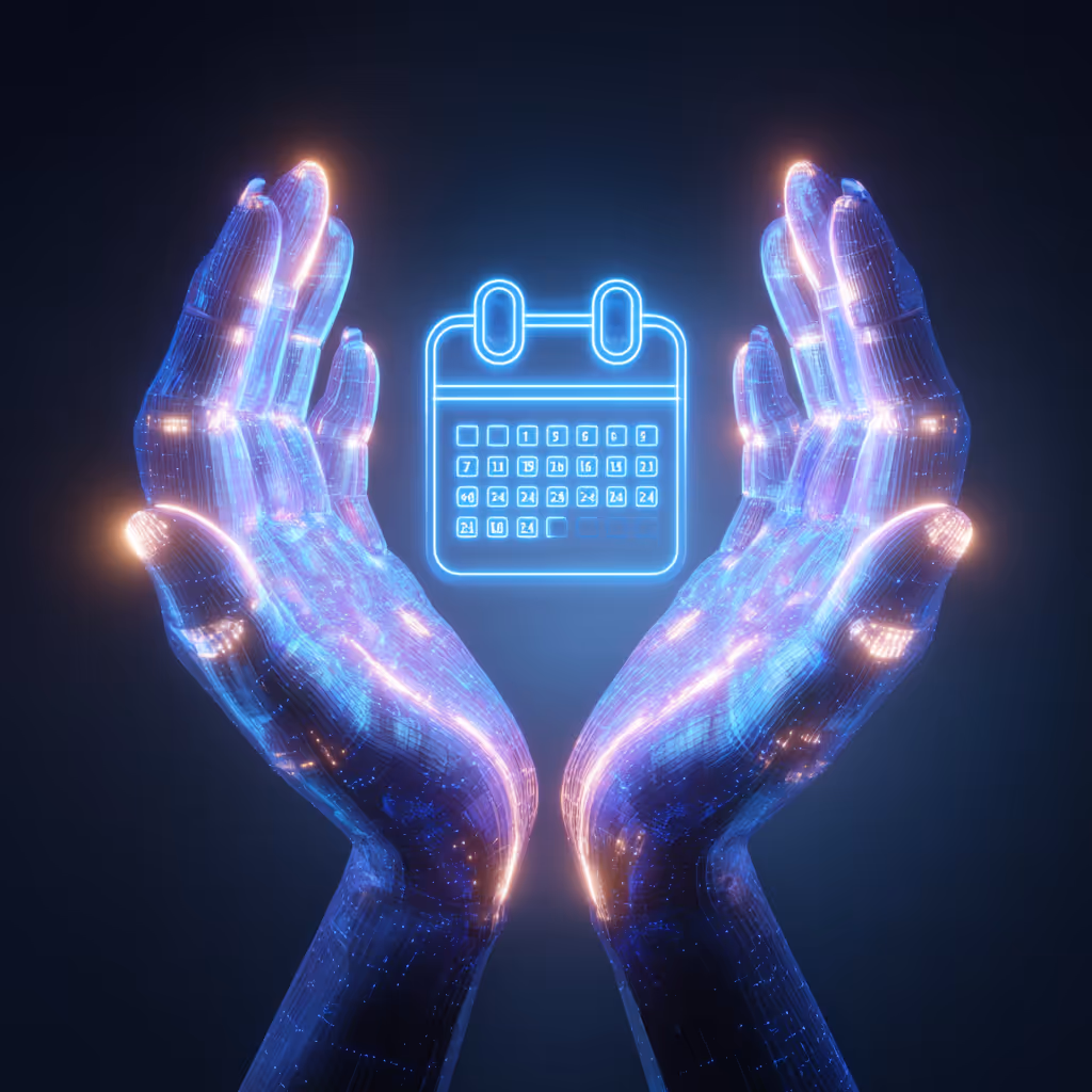 Zwei Hände die symbolisch einen Kalender halten. Der AI Voice Agent kann Termine mit Anrufern vereinbaren, oder auch absagen. Eine Authentifizierung kann hier jeder Zeit eingebaut werden.