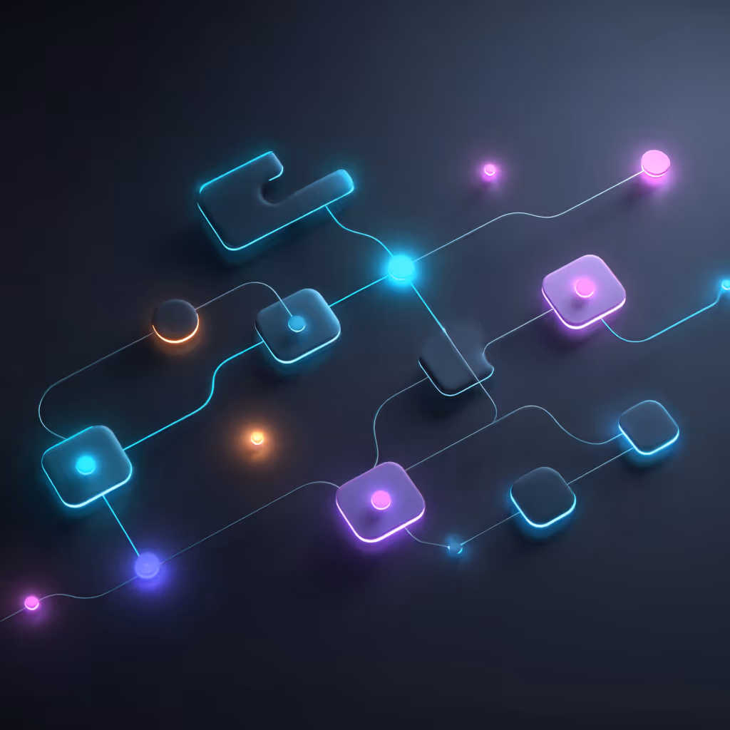 Visualisierung vernetzter Workflow-Knoten als Symbol für automatisierte Datenprozesse mit n8n und AI Voice Agents