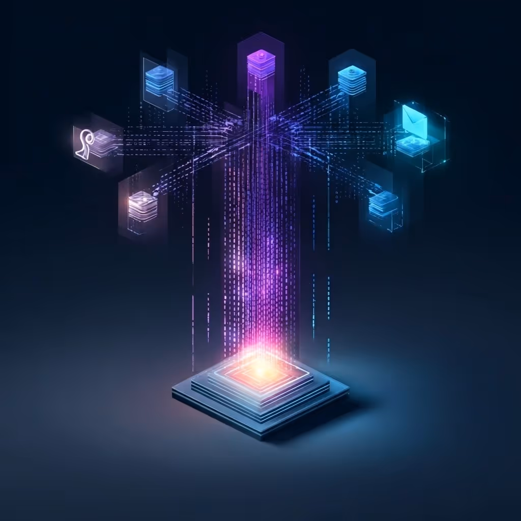 Ein futuristisches Bild von Anwendungen die oben in einem Kreis angeordnet sind un dann in einer Art Stream in die Mitte laufen in ein Zentrum.