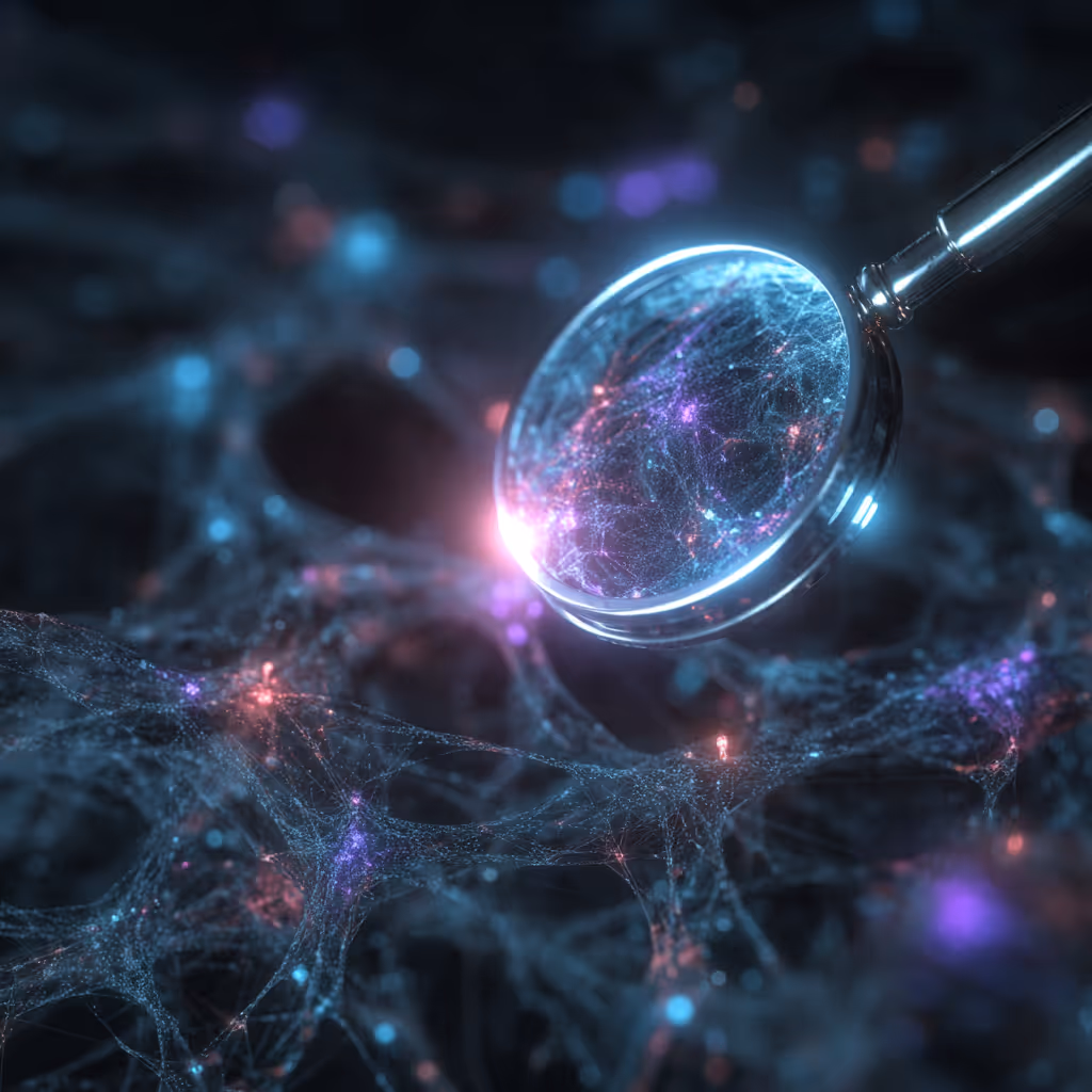 Das Bild zeigt eine Lupe vor einem futuristischen neuronalen Netz, welches in der Vergrößerung der Lupe zu erkennen ist.