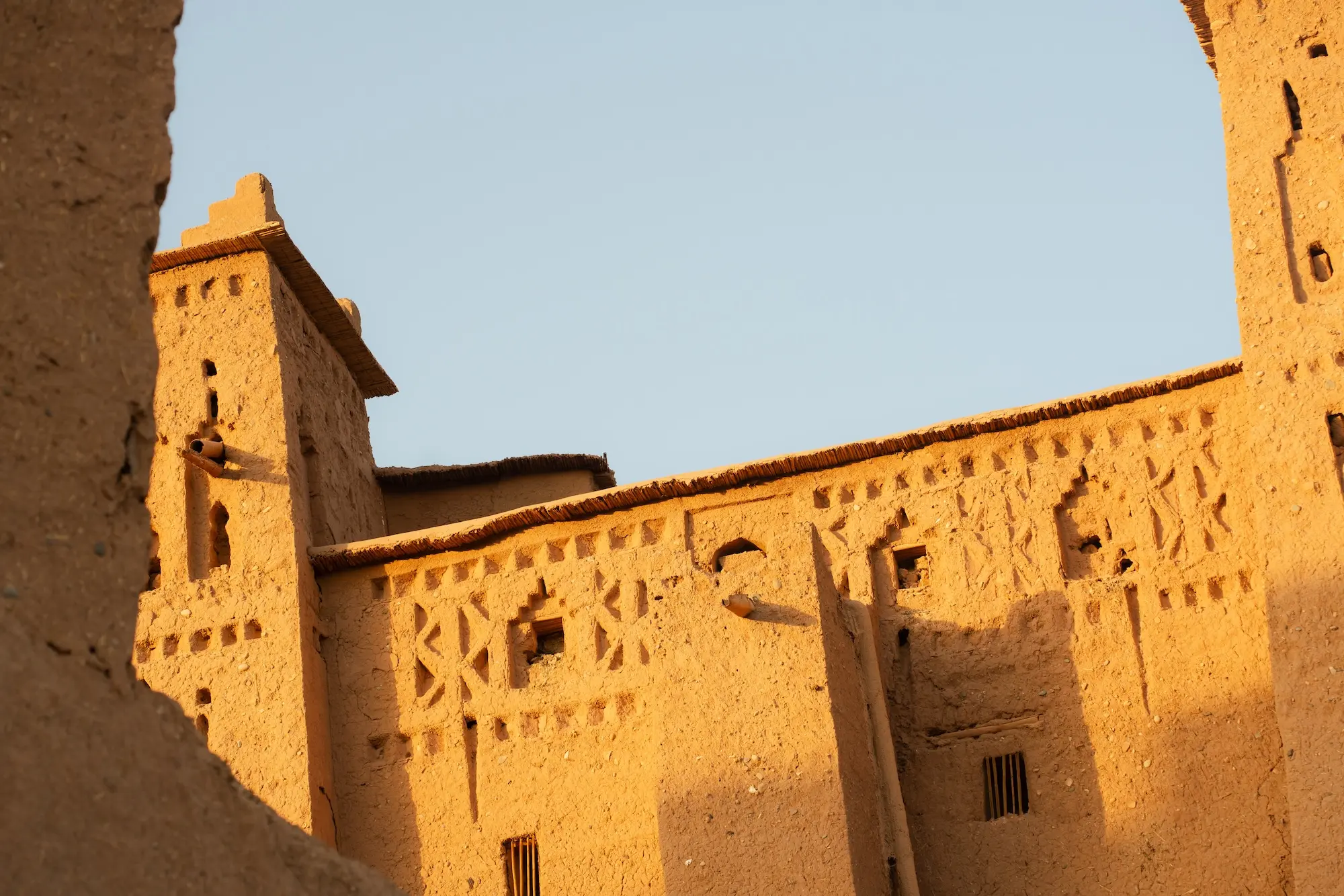 Traditional mudbrick architecture of a kasbah in Ait Ben Haddou, Morocco