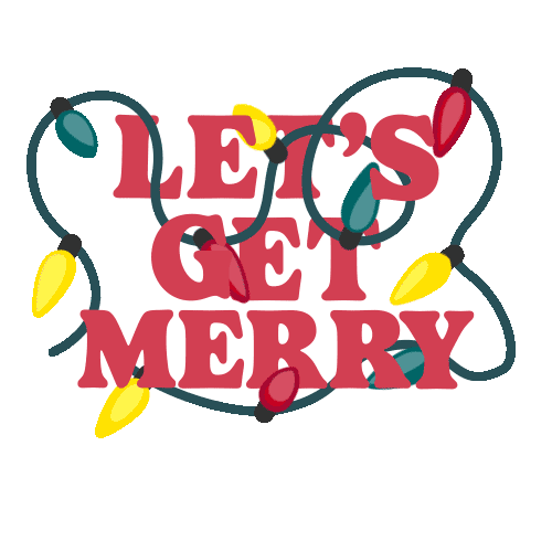 let's get merry in a festive bold font surrounded by flickering christmas lights