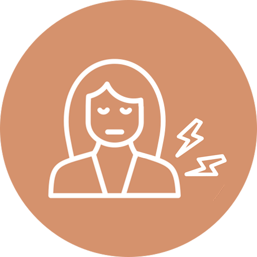 Icon of a woman with closed eyes and a neutral mouth, showing two lightning bolts indicating joint pain on her shoulder.
