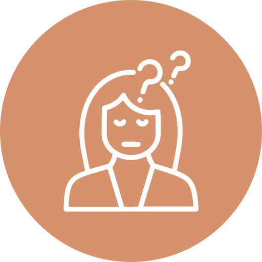 Icon of a confused person with question marks above their head inside a tan circle.