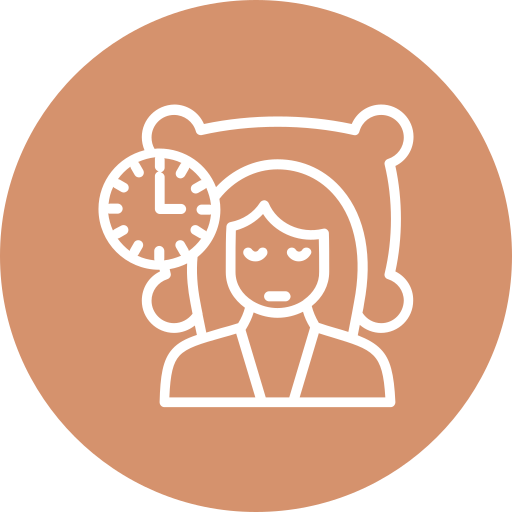 Icon of a person with closed eyes and a pillow behind, next to a clock, symbolizing sleep problems or insomnia.