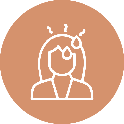 Icon of a person with sweat drops and heat lines indicating a hot flash or fever.