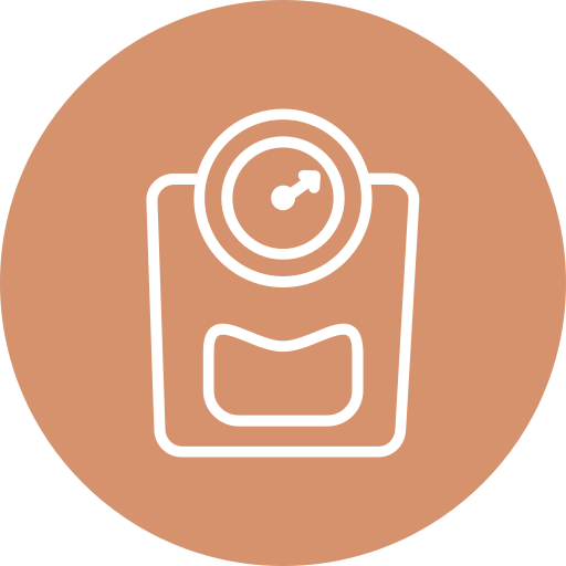 White line drawing of a bathroom scale with a dial on a tan circular background.