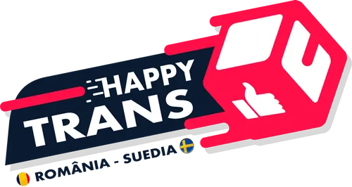 Logo with the text 'HAPPY TRANS' in bold white letters on a black background, accompanied by a red 3D cube with a white thumbs-up symbol.