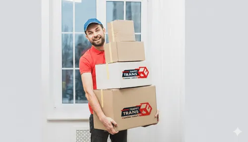 Smiling delivery man in a red shirt and blue cap carrying a stack of cardboard boxes with Happy Trans labels.