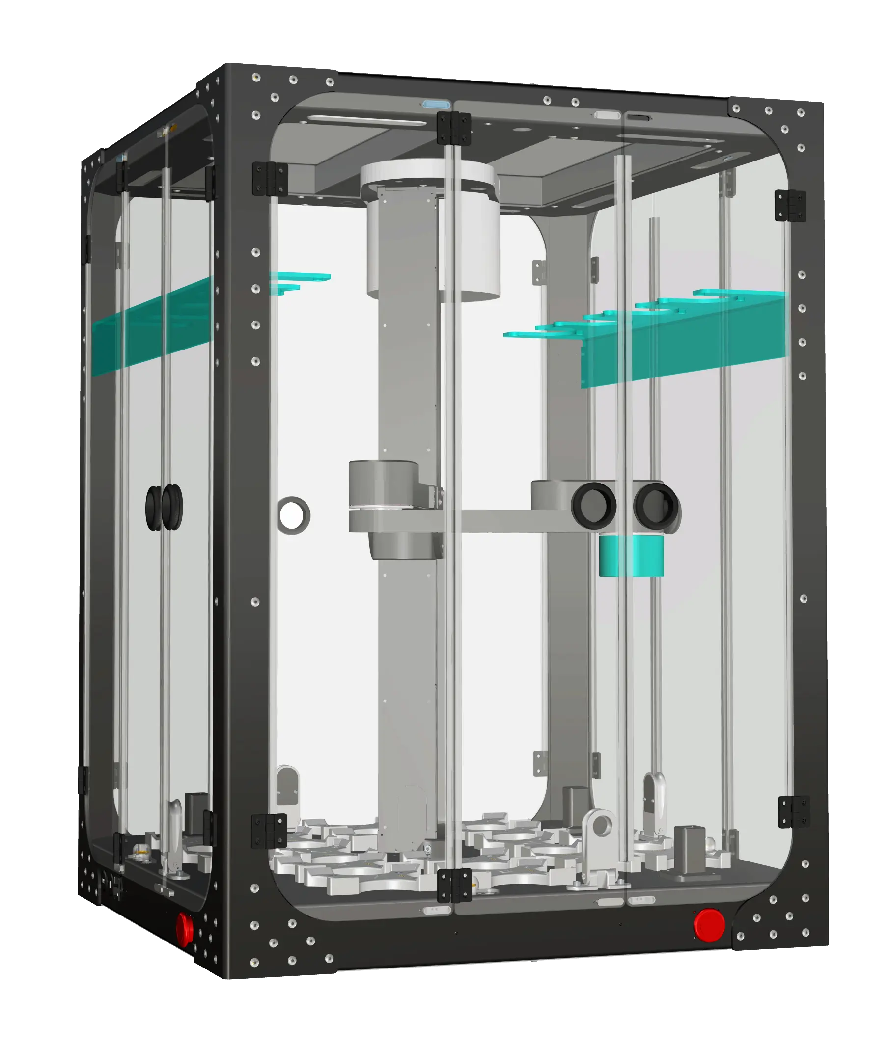 Enclosed robotic tool changer with transparent panels and a mechanical arm inside for automated tool handling.