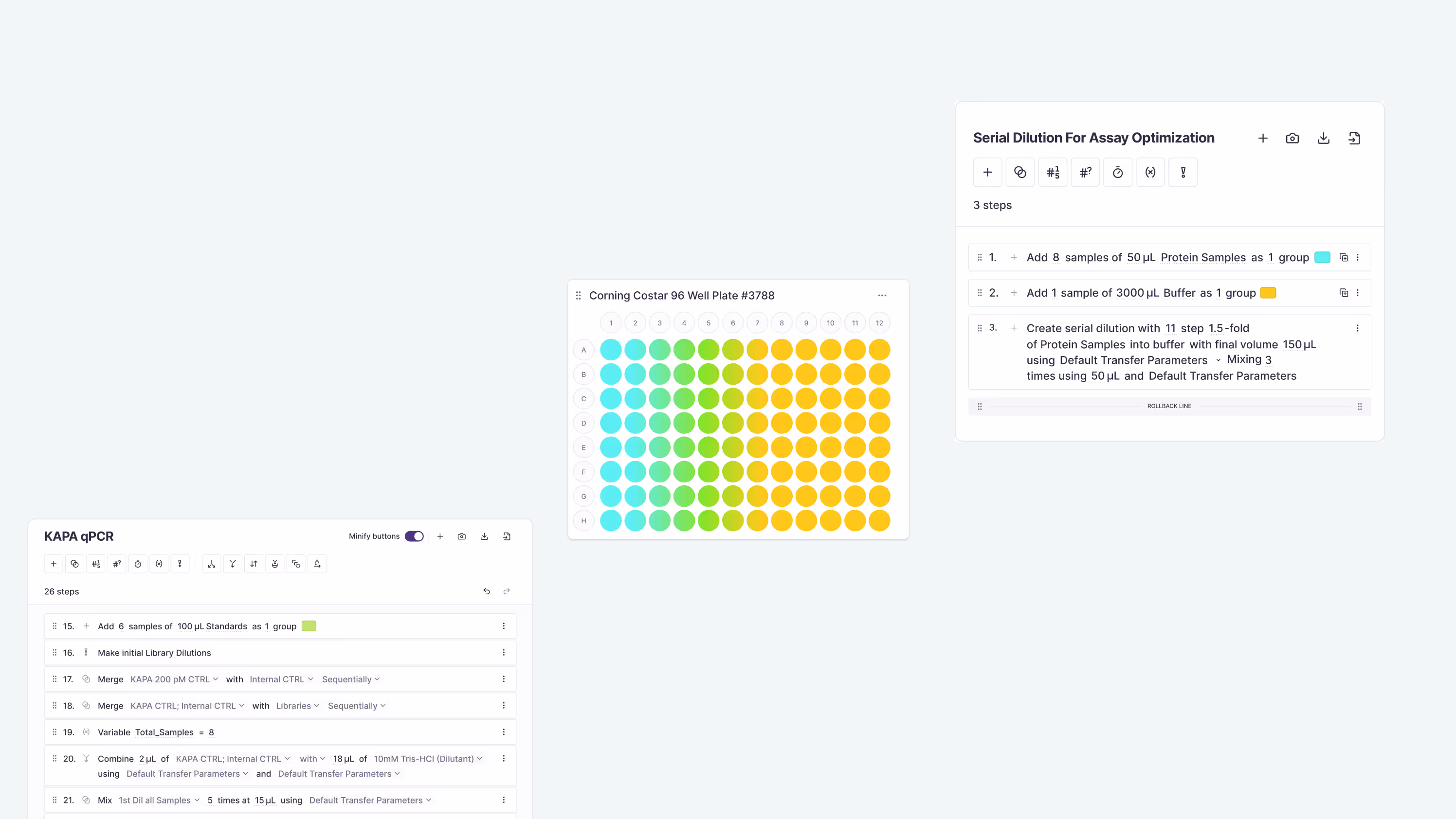 User interface showing lab protocol steps and a color-coded 96-well plate layout for assay optimization and qPCR preparation.