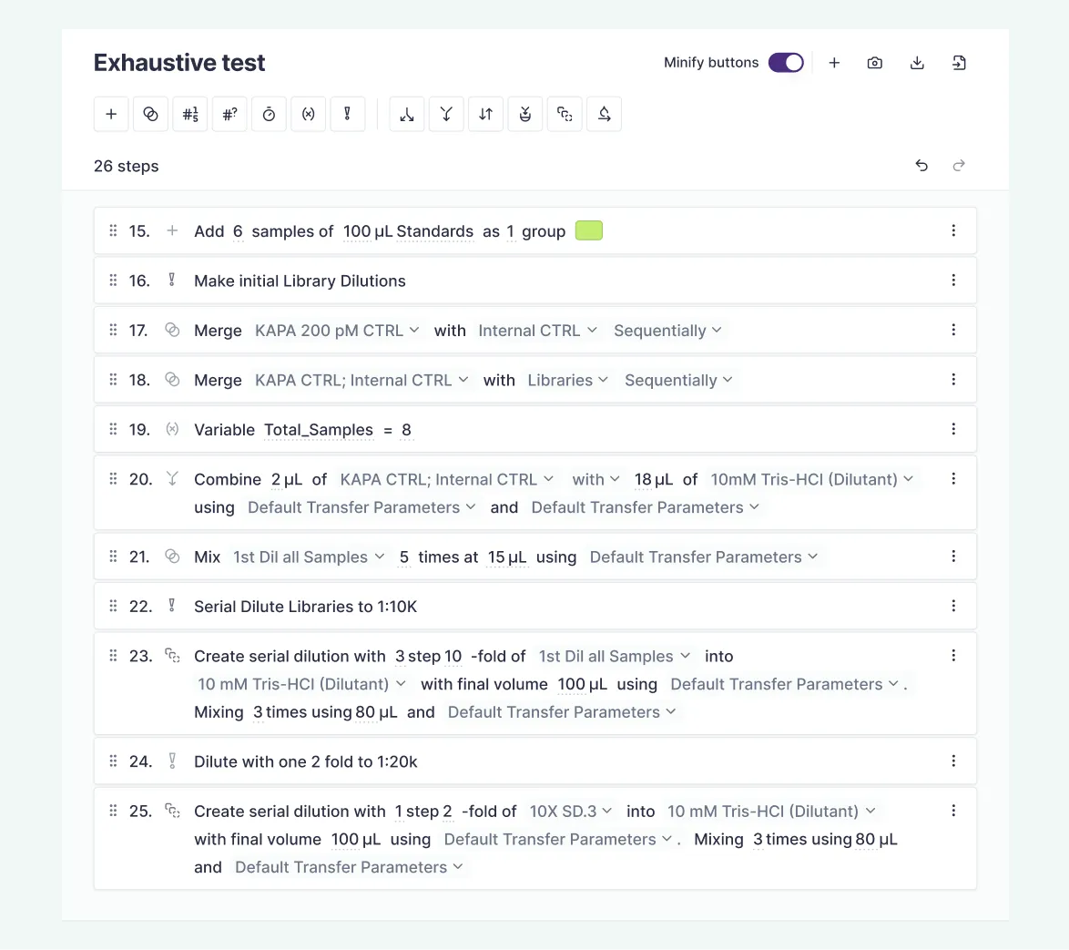 Screenshot of a lab software interface showing an exhaustive test protocol with 26 steps including adding samples, making dilutions, merging controls, mixing samples, and creating serial dilutions.