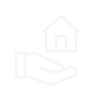 White line icon of a hand holding a house on a black background.