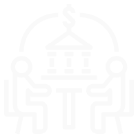 Icon of two people sitting at a table discussing a bank represented by a classical building with a dollar sign above.