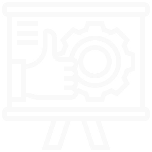 Icon of a presentation board with a thumbs-up symbol and a gear representing approval and settings or compliance.