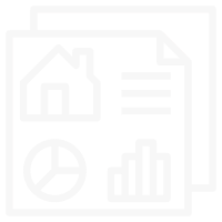 White line icon of documents featuring a house, pie chart, and bar graph on a black background.