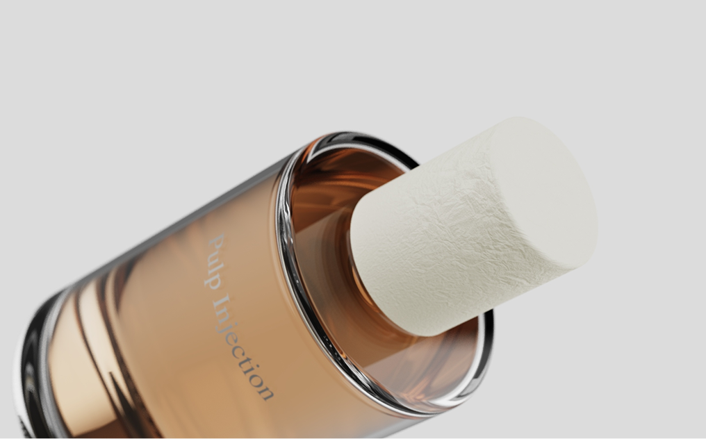 Perfume bottle with an eco-friendly molded fiber cap, showcasing sustainable luxury packaging design by Nissha.