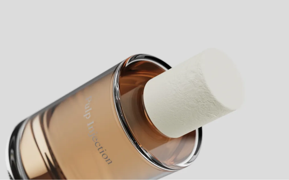 Perfume bottle with an eco-friendly molded fiber cap, showcasing sustainable luxury packaging design by Nissha.