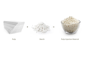 Diagram showing pulp and starch combining to form eco-friendly pulp injection material used for sustainable molded packaging.
