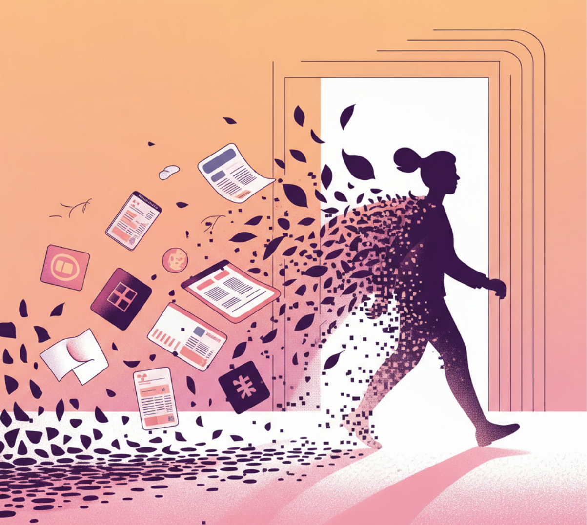 A person walks from left to right as documents spill out into the air behind them.