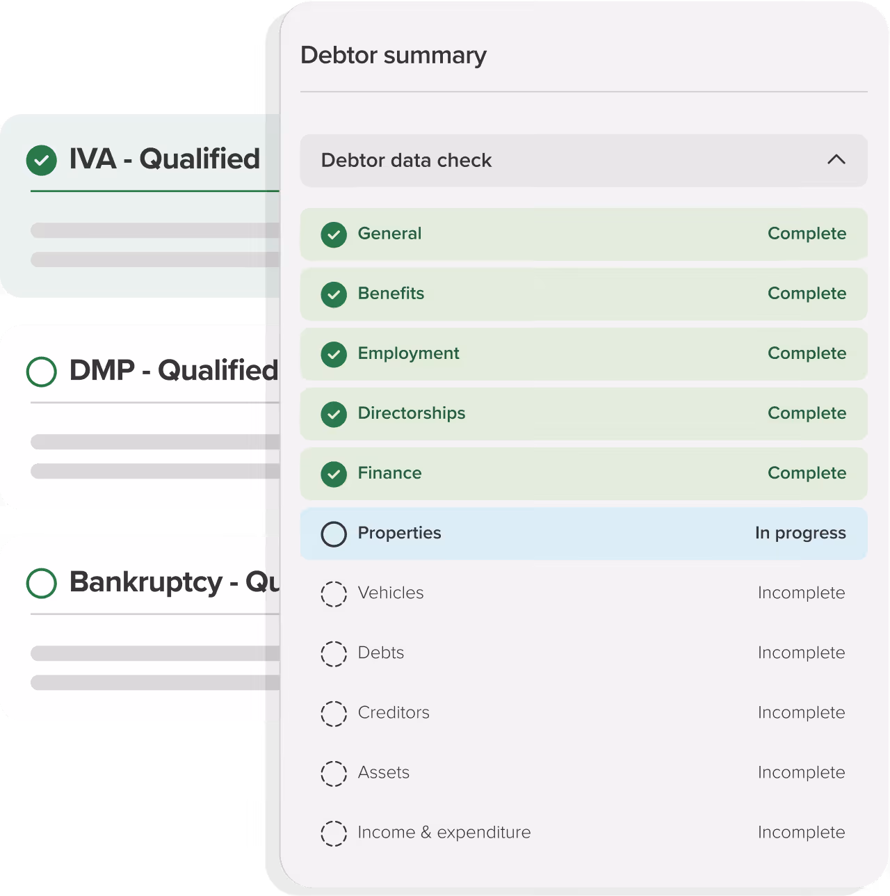 Image of the Personal Insolvency Portal UI. It shows a summary and case progression tracker along with some of the case outcome scenarios.
