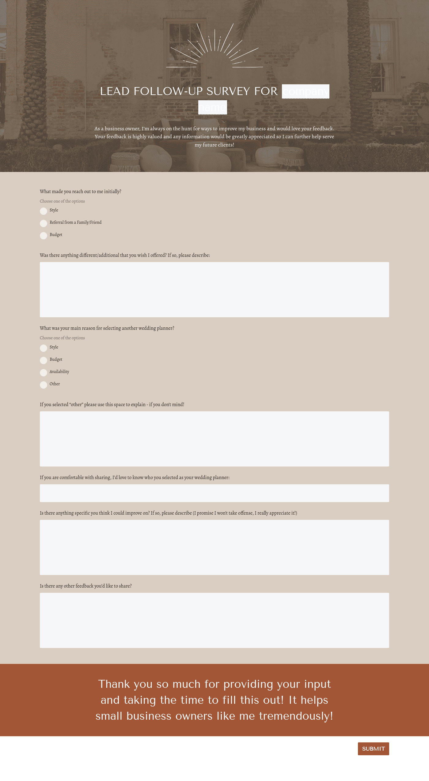 Boho Wedding Planner Lead Follow Up Survey