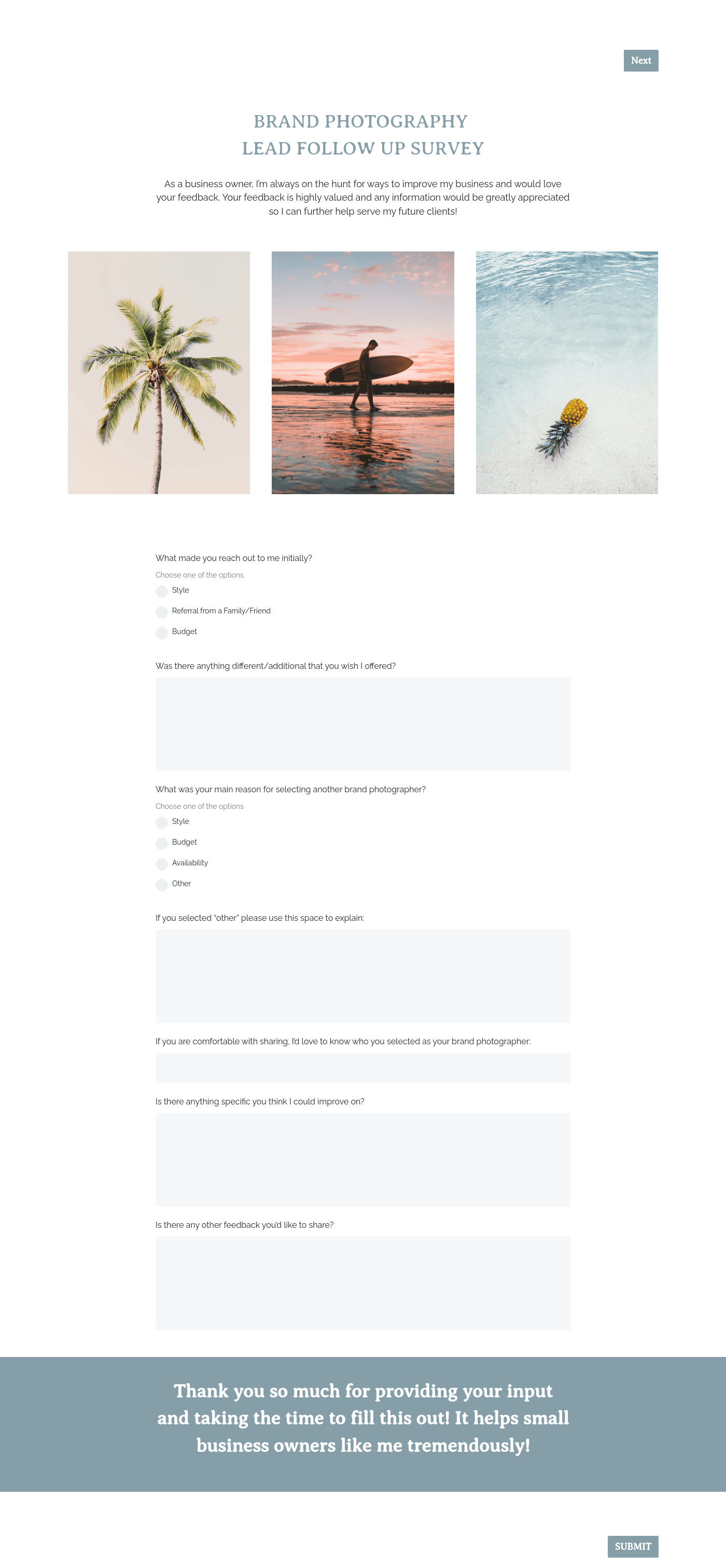 Brand Photography Lead Follow Up Survey