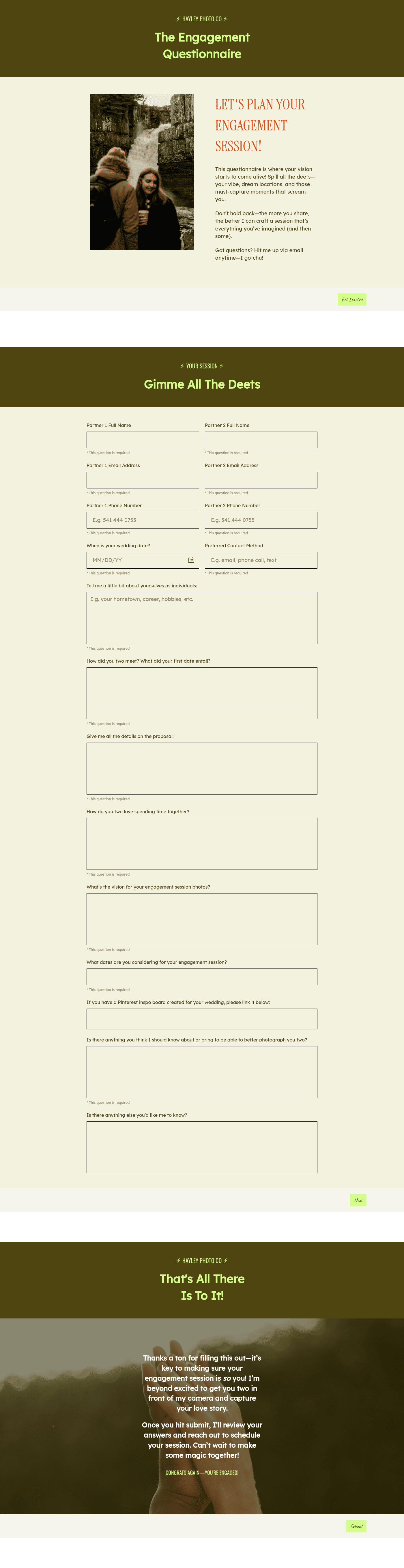 Hayley Engagement Questionnaire for Wedding Photographers