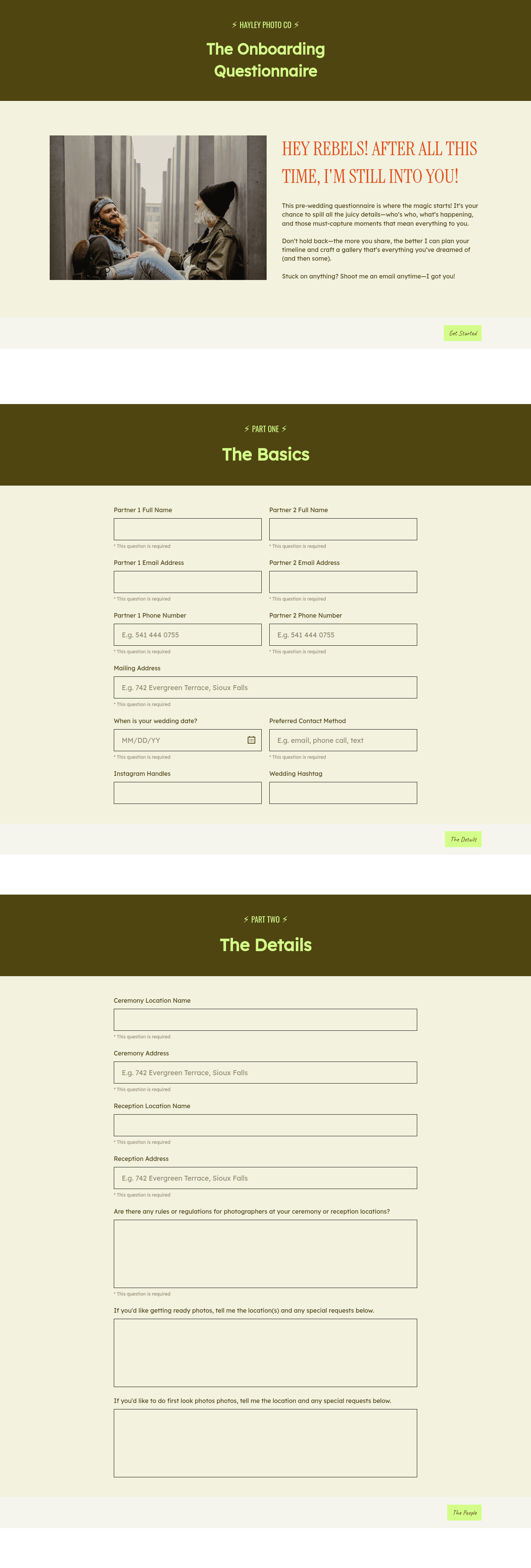 Hayley Onboarding Questionnaire for Wedding Photographers
